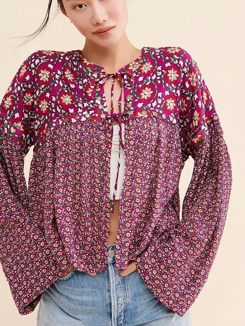 Free People Malia Embellished Babydoll Jacket Bell Sleeves Tie Front Pink Large